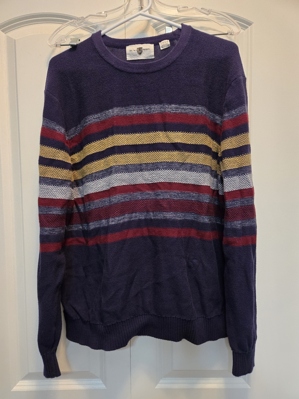 Black Brown Men's Striped Crewneck Sweater - Navy with Yellow & Red Stripes